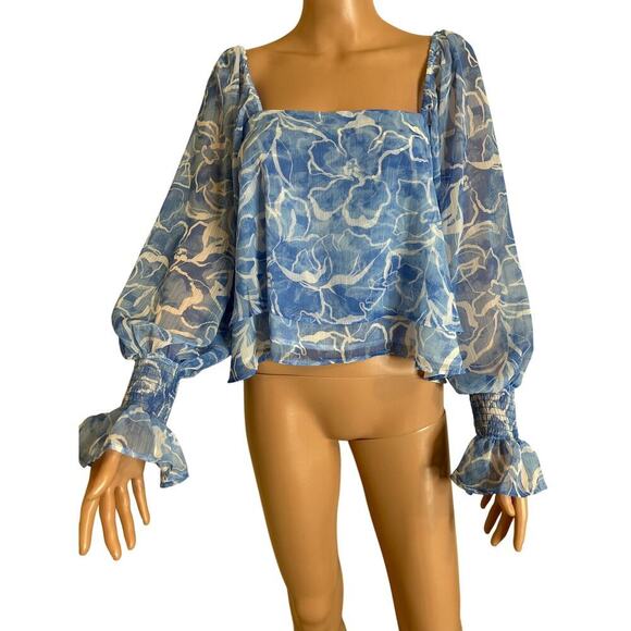 TART blouse top balloon/trumpet sleeves semi sheer baby blue/white flowy SZ MD - Picture 2 of 8